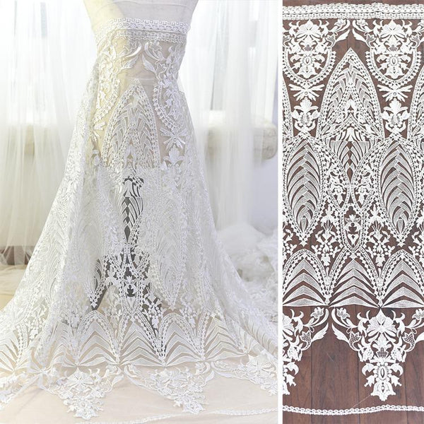 White Embroidered Bridal Lace Fabric by the Yard: Corded Wedding Gown Lace