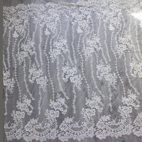 White Embroidered Bridal Lace Fabric - Corded Wedding Gown Lace