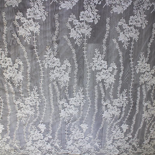 White Embroidered Bridal Lace Fabric - Corded Wedding Gown Lace