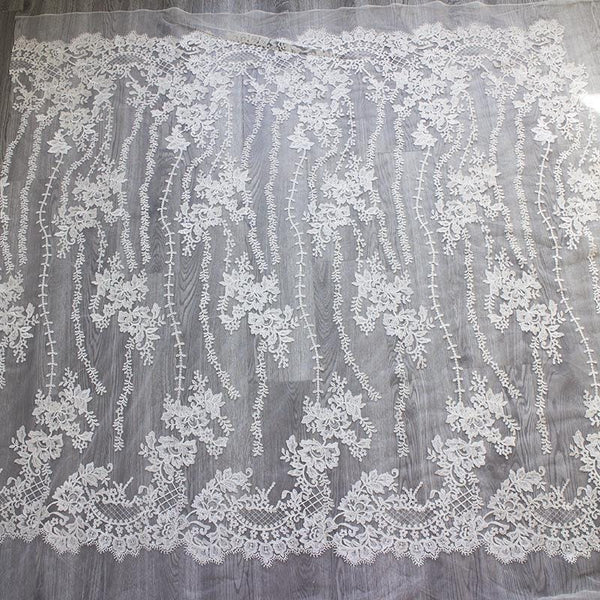 White Embroidered Bridal Lace Fabric - Corded Wedding Gown Lace