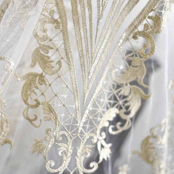 Gold Embroidered Bridal Lace Fabric - Corded Wedding Gown Lace
