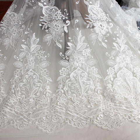 White Embroidered Bridal Lace Fabric - Corded Wedding Gown Lace by Yard