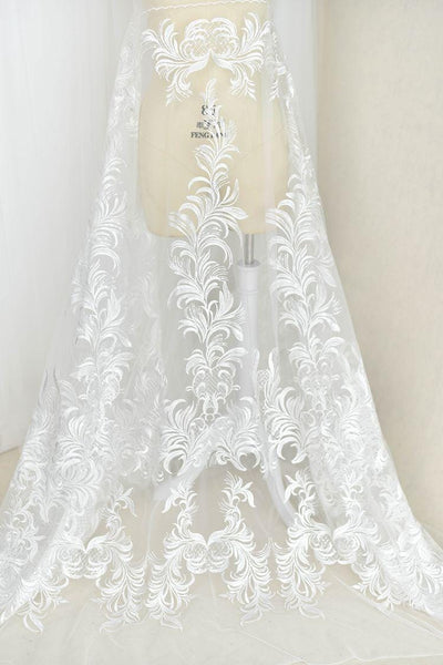 White Embroidered Bridal Lace Fabric - Corded Wedding Gown Lace