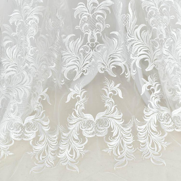 White Embroidered Bridal Lace Fabric - Corded Wedding Gown Lace
