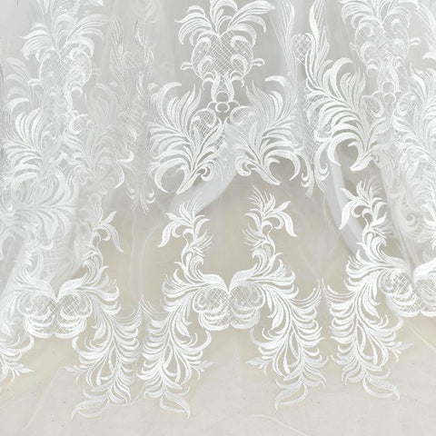 White Embroidered Bridal Lace Fabric - Corded Wedding Gown Lace