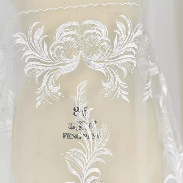 White Embroidered Bridal Lace Fabric - Corded Wedding Gown Lace