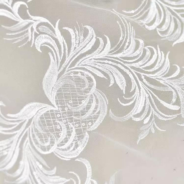 White Embroidered Bridal Lace Fabric - Corded Wedding Gown Lace