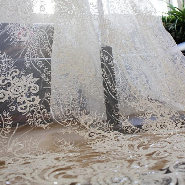 White Embroidered Bridal Lace Fabric - Corded Wedding Gown Lace by Yard