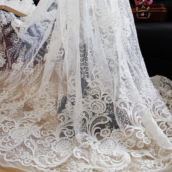 White Embroidered Bridal Lace Fabric - Corded Wedding Gown Lace by Yard