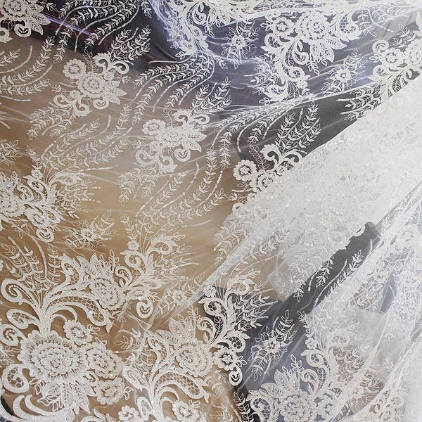 White Embroidered Bridal Lace Fabric - Corded Wedding Gown Lace by Yard