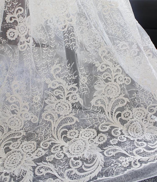 White Embroidered Bridal Lace Fabric - Corded Wedding Gown Lace by Yard