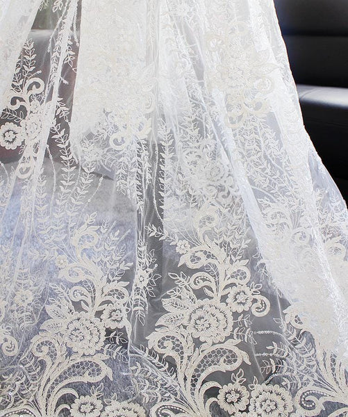 White Embroidered Bridal Lace Fabric - Corded Wedding Gown Lace by Yard