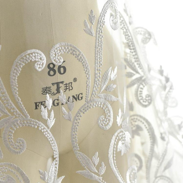White Embroidered Bridal Lace Fabric - Corded Wedding Gown Lace