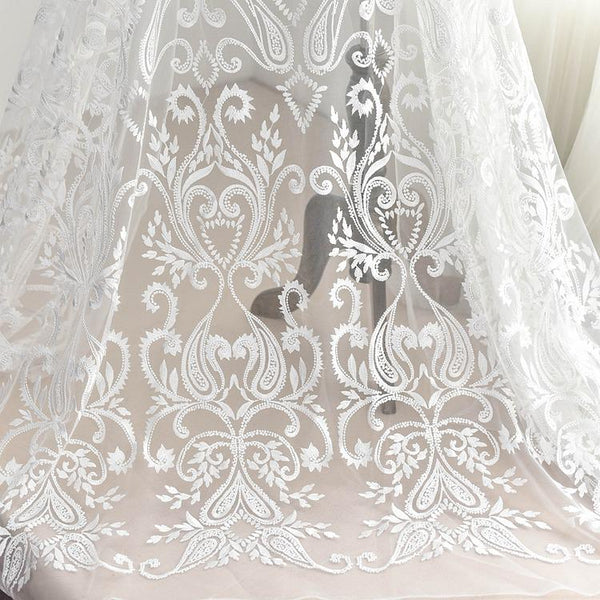 White Embroidered Bridal Lace Fabric - Corded Wedding Gown Lace