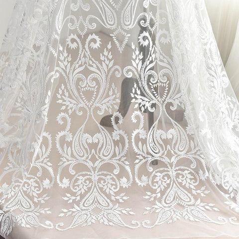 White Embroidered Bridal Lace Fabric - Corded Wedding Gown Lace