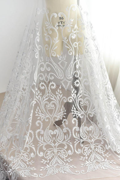 White Embroidered Bridal Lace Fabric - Corded Wedding Gown Lace