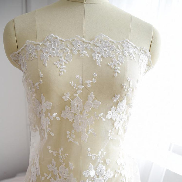 White Embroidered Bridal Lace Fabric - Corded Lace for Wedding Dress