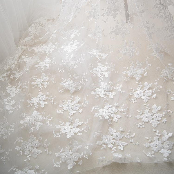 White Embroidered Bridal Lace Fabric - Corded Lace for Wedding Dress