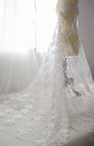 White Embroidered Bridal Lace Fabric - Corded Lace for Wedding Dress