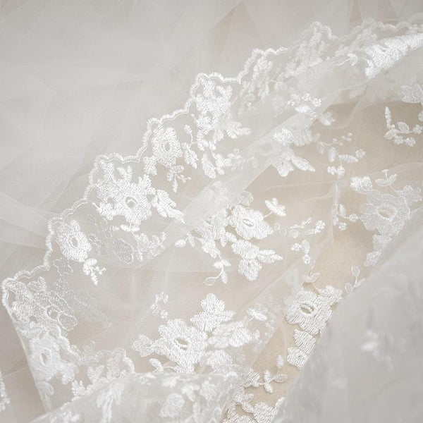 White Embroidered Bridal Lace Fabric - Corded Lace for Wedding Dress