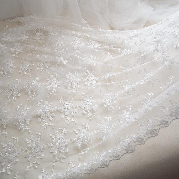 White Embroidered Bridal Lace Fabric - Corded Lace for Wedding Dress