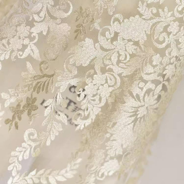 White Embroidered Bridal Lace Fabric - Corded Wedding Gown Lace