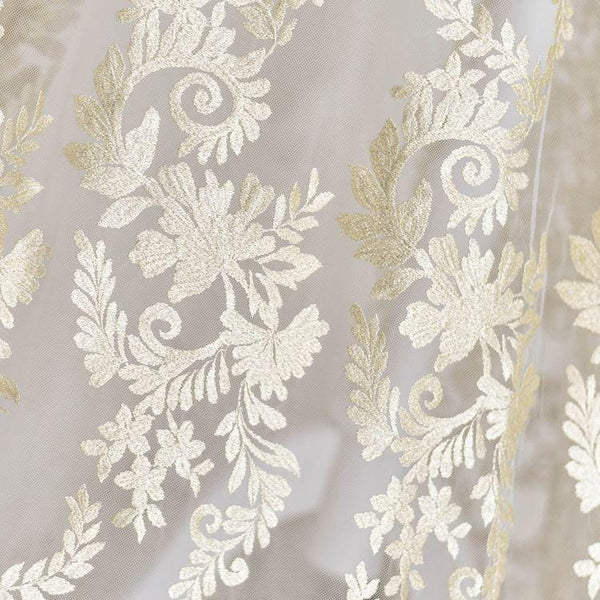White Embroidered Bridal Lace Fabric - Corded Wedding Gown Lace