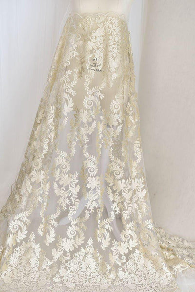 White Embroidered Bridal Lace Fabric - Corded Wedding Gown Lace