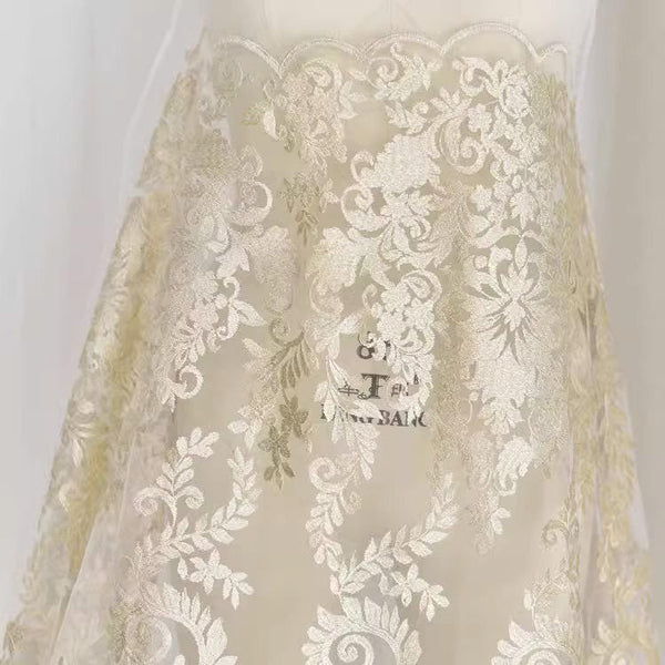 White Embroidered Bridal Lace Fabric - Corded Wedding Gown Lace