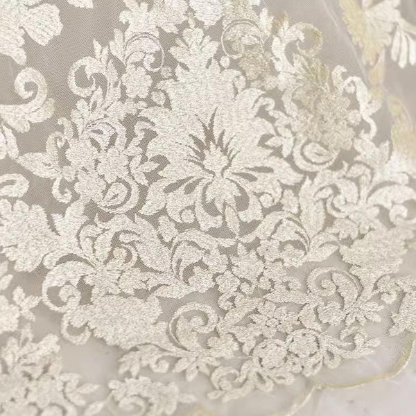 White Embroidered Bridal Lace Fabric - Corded Wedding Gown Lace