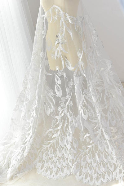 White Embroidered Bridal Lace Fabric: Corded Wedding Gown Lace