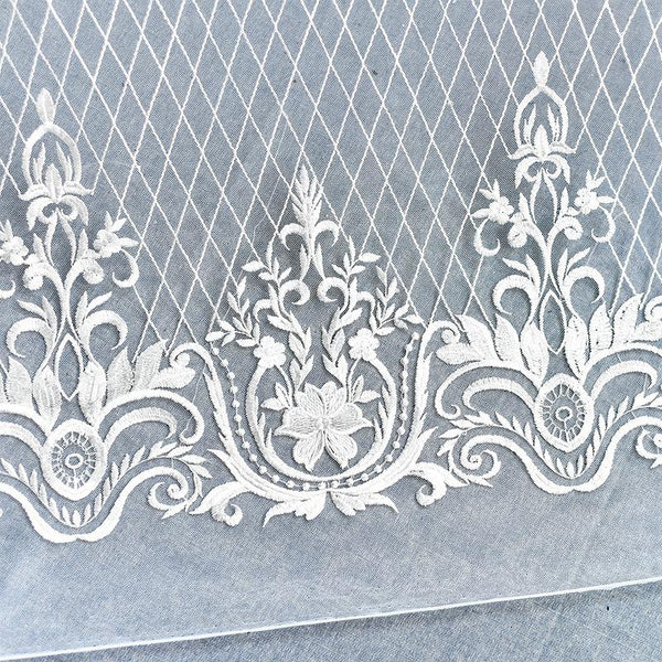 White Embroidered Bridal Lace Fabric - Corded Wedding Gown Lace