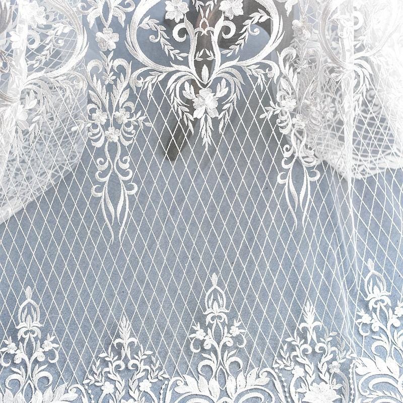 White Embroidered Bridal Lace Fabric - Corded Wedding Gown Lace