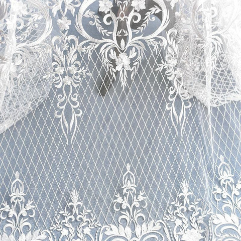 White Embroidered Bridal Lace Fabric - Corded Wedding Gown Lace