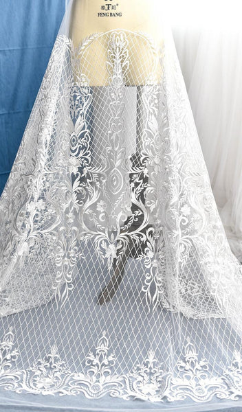 White Embroidered Bridal Lace Fabric - Corded Wedding Gown Lace
