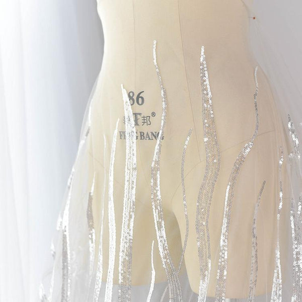 White Embroidered Bridal Lace Fabric: Corded Wedding Gown Lace