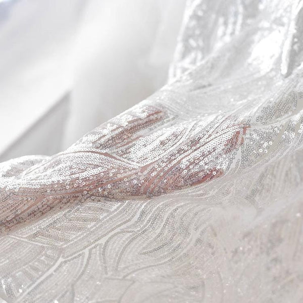 White Embroidered Bridal Lace Fabric: Corded Wedding Gown Lace