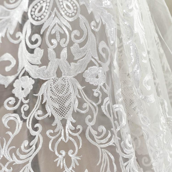 White Embroidered Bridal Lace Fabric by the Yard
