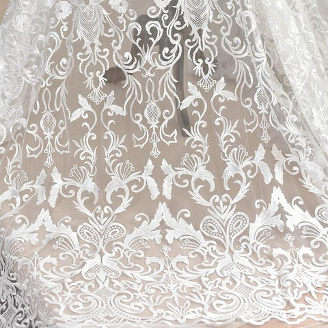 White Embroidered Bridal Lace Fabric by the Yard