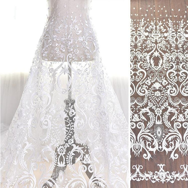 White Embroidered Bridal Lace Fabric - Corded Lace for Wedding Gown