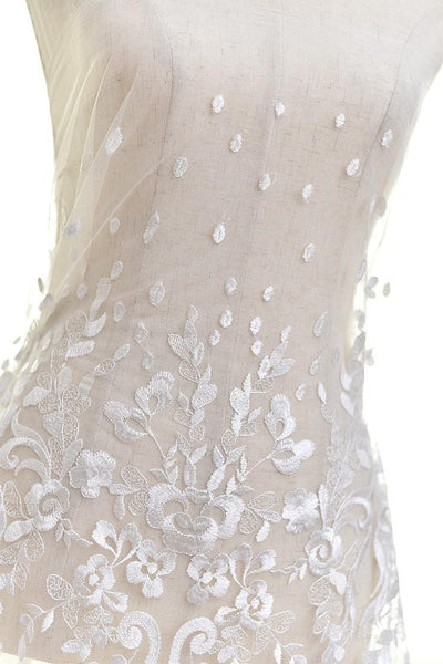 White Embroidered Bridal Lace Fabric - Corded Lace for Wedding Gown