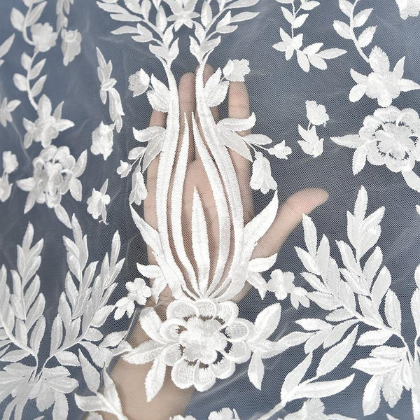 White Embroidered Bridal Lace Fabric - Corded Wedding Gown Lace