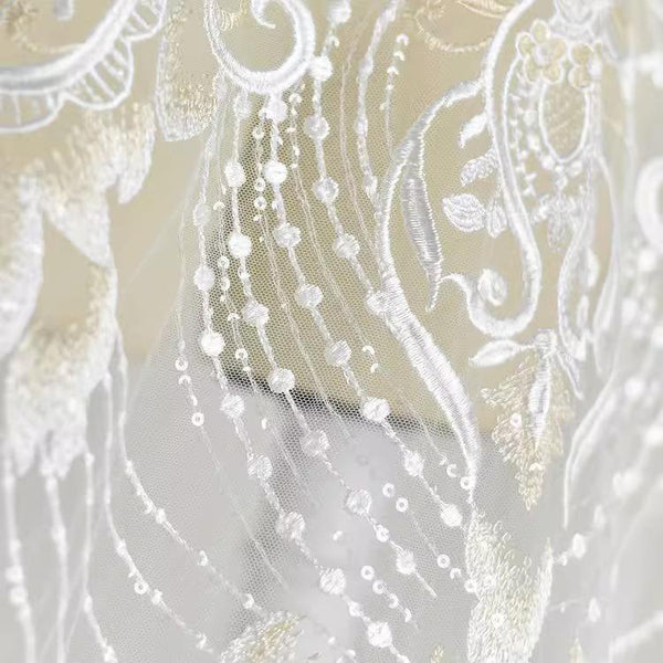 White Embroidered Bridal Lace Fabric - Corded Wedding Gown Lace