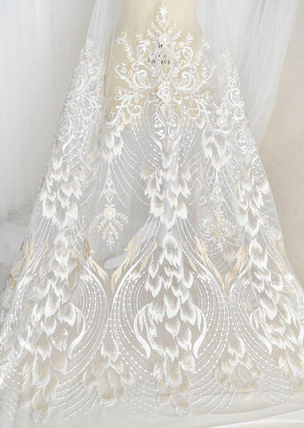 White Embroidered Bridal Lace Fabric - Corded Wedding Gown Lace