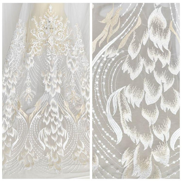 White Embroidered Bridal Lace Fabric - Corded Wedding Gown Lace