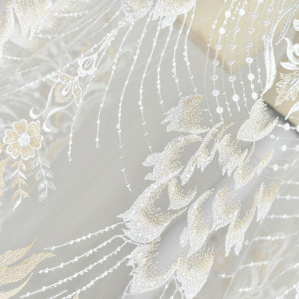 White Embroidered Bridal Lace Fabric - Corded Wedding Gown Lace