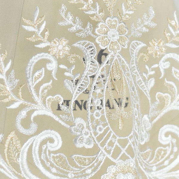 White Embroidered Bridal Lace Fabric - Corded Wedding Gown Lace