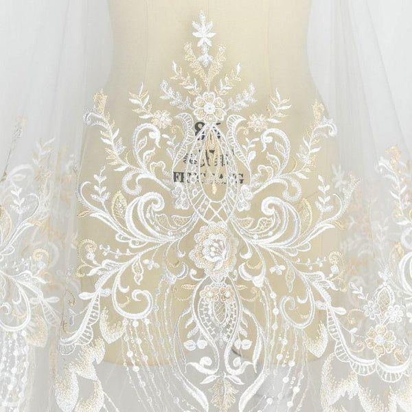 White Embroidered Bridal Lace Fabric - Corded Wedding Gown Lace