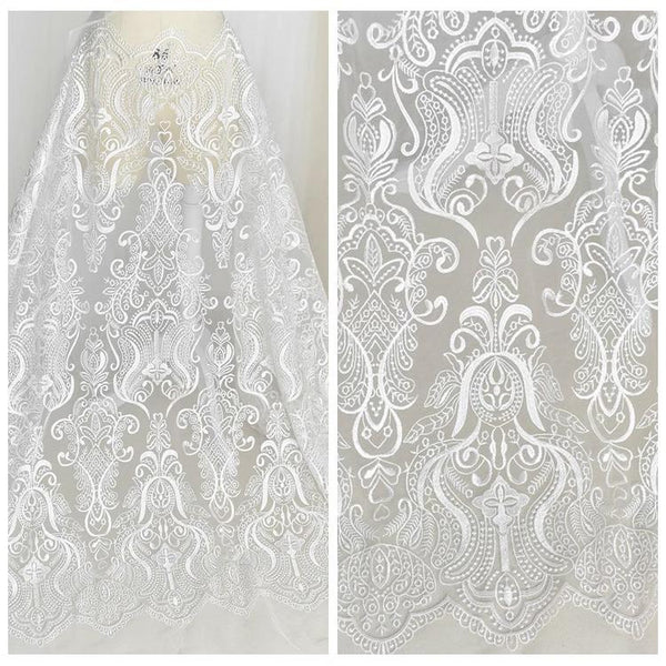 White Embroidered Bridal Lace Fabric - Corded Wedding Gown Lace by Yard