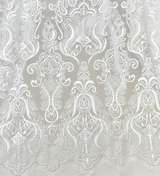 White Embroidered Bridal Lace Fabric - Corded Wedding Gown Lace by Yard